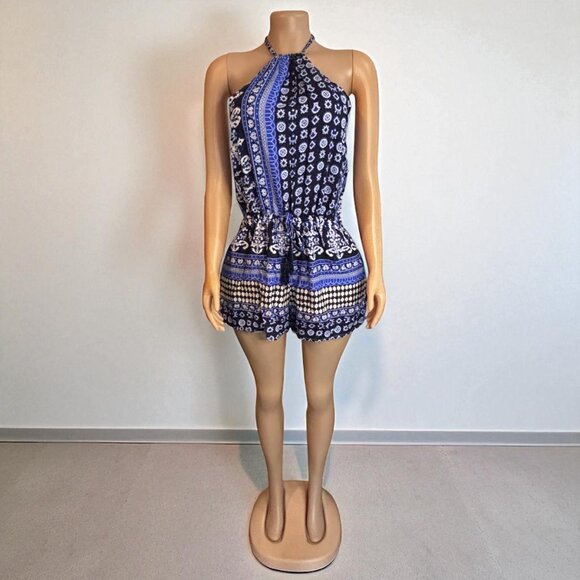 Halter Neck Blue Short Keyhole Romper - Picture 6 of 7